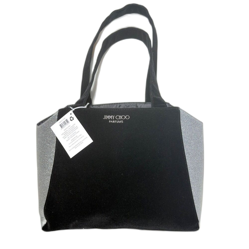 Jimmy Choo Parfums Tote Bag Black Velvet Silver Glitter Carry Bag 15x12in NWT